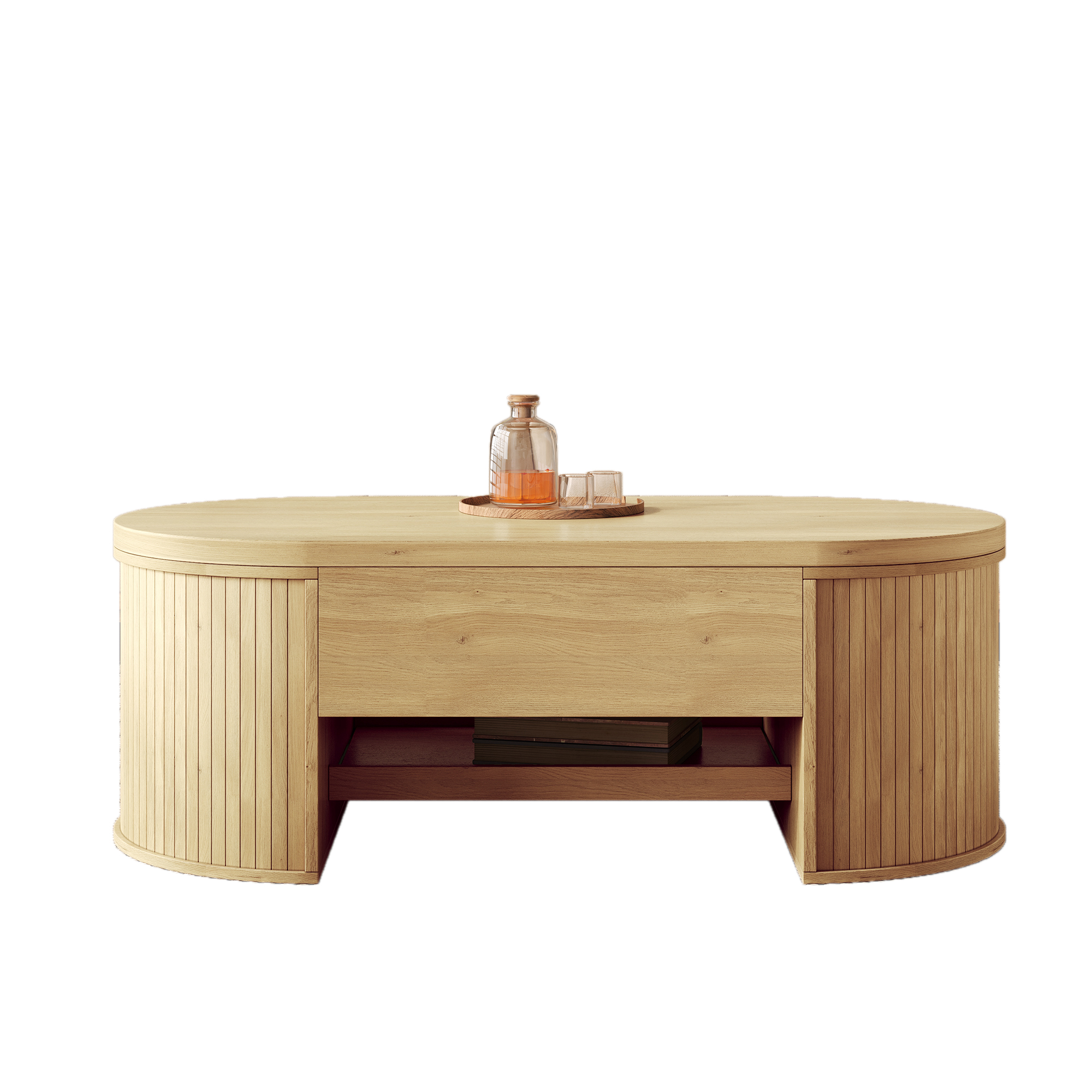 Raisable coffee table, coffee table with curved wooden sides, extendable shelf, raisable table top,
