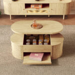Raisable coffee table, coffee table with curved wooden sides, extendable shelf, raisable table top, - Image 11