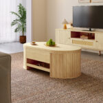 Raisable coffee table, coffee table with curved wooden sides, extendable shelf, raisable table top, - Image 2