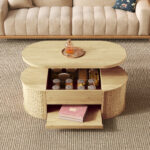 Raisable coffee table, coffee table with curved wooden sides, extendable shelf, raisable table top, - Image 3