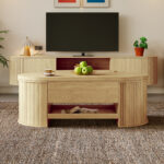 Raisable coffee table, coffee table with curved wooden sides, extendable shelf, raisable table top, - Image 4