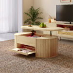 Raisable coffee table, coffee table with curved wooden sides, extendable shelf, raisable table top, - Image 6