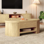 Raisable coffee table, coffee table with curved wooden sides, extendable shelf, raisable table top, - Image 7
