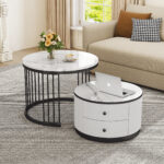Elegant 2-piece, white coffee table set in nest shape, 60*60*45.5cm & 50*50*32cm, round tables with - Image 8