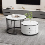 Elegant 2-piece, white coffee table set in nest shape, 60*60*45.5cm & 50*50*32cm, round tables with - Image 9