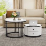 Elegant 2-piece, white coffee table set in nest shape, 60*60*45.5cm & 50*50*32cm, round tables with - Image 13