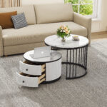 Elegant 2-piece, white coffee table set in nest shape, 60*60*45.5cm & 50*50*32cm, round tables with - Image 18