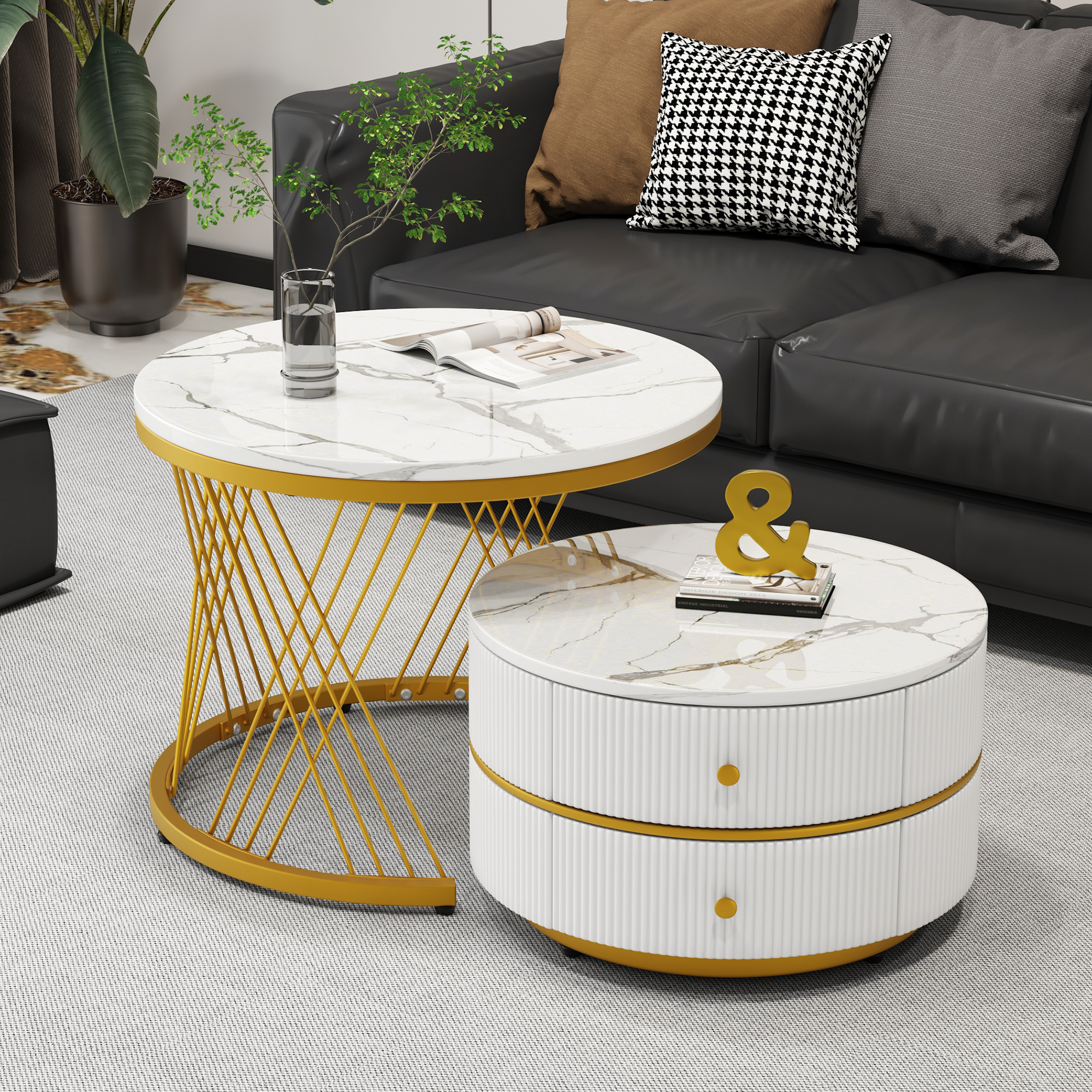Elegant 2-piece, white coffee table set in nest shape, 60*60*46cm & 50*50* 30.8cm, round tables with