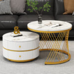 Elegant 2-piece, white coffee table set in nest shape, 60*60*46cm & 50*50* 30.8cm, round tables with - Image 42