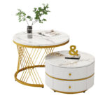 Elegant 2-piece, white coffee table set in nest shape, 60*60*46cm & 50*50* 30.8cm, round tables with - Image 60