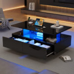 Modern high-gloss coffee table with LED lighting and 2 drawers – Stylish 90x55x41 cm side table with - Image 12