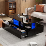 Modern high-gloss coffee table with LED lighting and 2 drawers – Stylish 90x55x41 cm side table with - Image 28