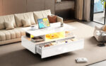 Modern high-gloss coffee table with LED lighting and 2 drawers – Stylish 90x55x41 cm side table with - Image 2