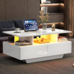 Modern high-gloss coffee table with LED lighting and 2 drawers – Stylish 90x55x41 cm side table with