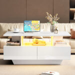 Modern high-gloss coffee table with LED lighting and 2 drawers – Stylish 90x55x41 cm side table with - Image 8