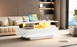 Modern high-gloss coffee table with LED lighting and 2 drawers – Stylish 90x55x41 cm side table with - Image 3