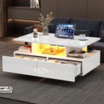 Modern high-gloss coffee table with LED lighting and 2 drawers – Stylish 90x55x41 cm side table with - Image 14
