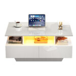 Modern high-gloss coffee table with LED lighting and 2 drawers – Stylish 90x55x41 cm side table with - Image 16