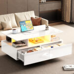 Modern high-gloss coffee table with LED lighting and 2 drawers – Stylish 90x55x41 cm side table with - Image 54