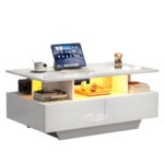 Modern high-gloss coffee table with LED lighting and 2 drawers – Stylish 90x55x41 cm side table with - Image 68