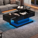 High-Gloss Lift-Top Tea Table, LED Coffee Table 100x50x45 cm with LED Lighting - Half-Raisable Design - Image 15