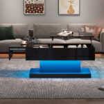 High-Gloss Lift-Top Tea Table, LED Coffee Table 100x50x45 cm with LED Lighting - Half-Raisable Design - Image 57