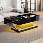 High-Gloss Lift-Top Tea Table, LED Coffee Table 100x50x45 cm with LED Lighting - Half-Raisable Design - Image 58