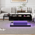 High-Gloss Lift-Top Tea Table, LED Coffee Table 100x50x45 cm with LED Lighting - Half-Raisable Design - Image 4