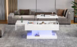 High-Gloss Lift-Top Tea Table, LED Coffee Table 100x50x45 cm with LED Lighting - Half-Raisable Design - Image 9