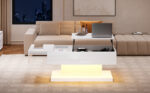 High-Gloss Lift-Top Tea Table, LED Coffee Table 100x50x45 cm with LED Lighting - Half-Raisable Design - Image 11