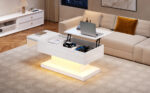 High-Gloss Lift-Top Tea Table, LED Coffee Table 100x50x45 cm with LED Lighting - Half-Raisable Design - Image 12