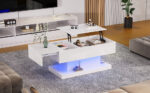 High-Gloss Lift-Top Tea Table, LED Coffee Table 100x50x45 cm with LED Lighting - Half-Raisable Design - Image 13