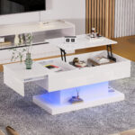 High-Gloss Lift-Top Tea Table, LED Coffee Table 100x50x45 cm with LED Lighting - Half-Raisable Design - Image 25