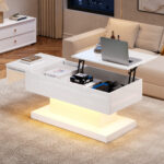 High-Gloss Lift-Top Tea Table, LED Coffee Table 100x50x45 cm with LED Lighting - Half-Raisable Design - Image 27