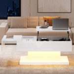 High-Gloss Lift-Top Tea Table, LED Coffee Table 100x50x45 cm with LED Lighting - Half-Raisable Design - Image 29