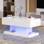 High-Gloss Lift-Top Tea Table, LED Coffee Table 100x50x45 cm with LED Lighting - Half-Raisable Design - Image 30