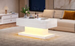 High-Gloss Lift-Top Tea Table, LED Coffee Table 100x50x45 cm with LED Lighting - Half-Raisable Design - Image 5