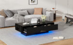 Moderný čierny konferenčný stolík s vysokým leskom, 115 x 55 x 34 cm, s 2 zásuvkami, LED osvetlením a nosnosťou 30 kg – Obrázok 33