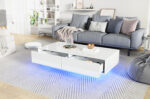 Modern High-Gloss Coffee Table in White, 115 x 55 x 34 cm, with 2 Drawers, LED Lighting and 30 kg Load Capacity - Image 2