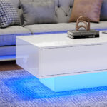 Modern High-Gloss Coffee Table in White, 115 x 55 x 34 cm, with 2 Drawers, LED Lighting and 30 kg Load Capacity - Image 9