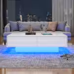 Moderní konferenční stolek s vysoce lesklým povrchem v bílé barvě, rozměry 115 x 55 x 34 cm, se 2 zásuvkami, LED osvětlením a nosností 30 kg - Obrázek 55