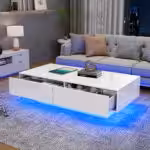 Moderní konferenční stolek s vysoce lesklým povrchem v bílé barvě, rozměry 115 x 55 x 34 cm, se 2 zásuvkami, LED osvětlením a nosností 30 kg - Obrázek 57