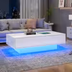 Moderní konferenční stolek s vysoce lesklým povrchem v bílé barvě, rozměry 115 x 55 x 34 cm, se 2 zásuvkami, LED osvětlením a nosností 30 kg - Obrázek 60