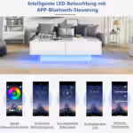 Moderní konferenční stolek s vysoce lesklým povrchem v bílé barvě, rozměry 115 x 55 x 34 cm, se 2 zásuvkami, LED osvětlením a nosností 30 kg - Obrázek 61