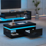 Modern High-Gloss Coffee Table with LED Lighting, 100x50x40.3 cm - Elegant Table with Drawer and Storage - Image 52