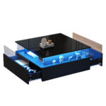 Modern High-Gloss LED Coffee Table 70*70*41cm with 2 Drawers and Transparent Presentation Area