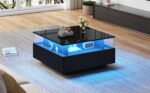Modern High-Gloss LED Coffee Table 70*70*41cm with 2 Drawers and Transparent Presentation Area - Image 14