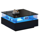 Modern High-Gloss LED Coffee Table 70*70*41cm with 2 Drawers and Transparent Presentation Area - Image 2