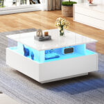 Modern High-Gloss LED Coffee Table 70*70*41cm with 2 Drawers and Transparent Presentation Area - Image 28