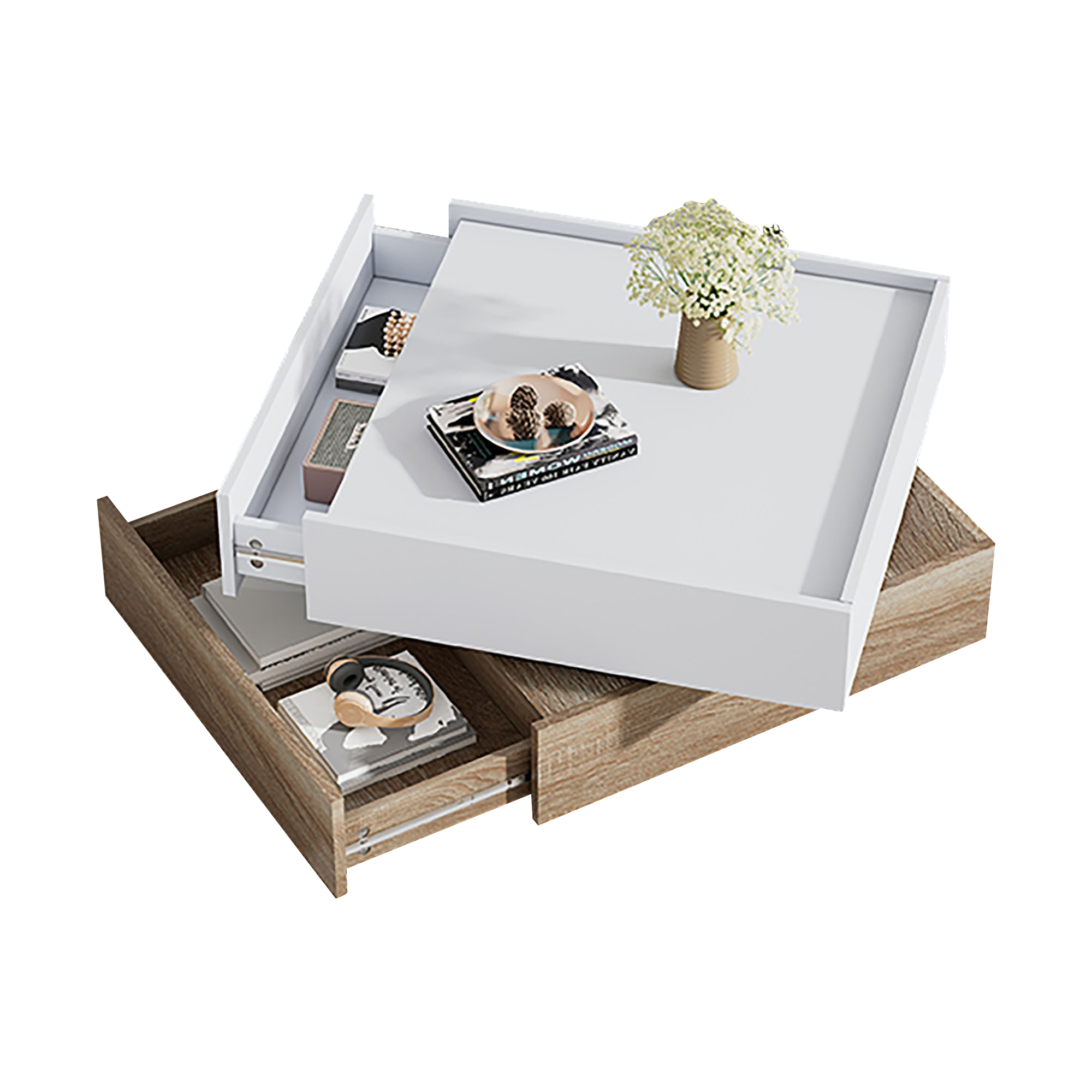 Functional Living Room Coffee Table, 360° Rotatable, Rotating Table Top with 2 Tiers and Storage Function